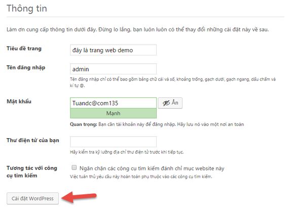 Nhập thông tin đăng nhập đầy đủ bao gồm email và nhấn cài đặt WordPress