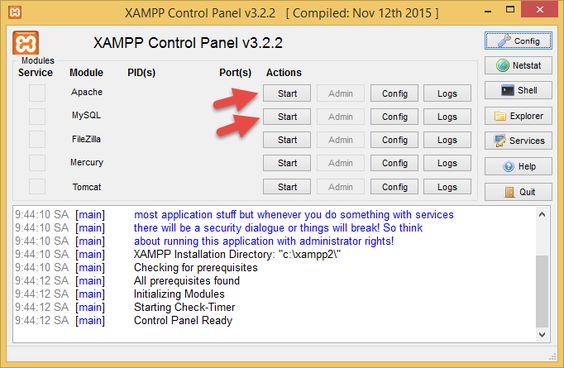 Mở phần mềm XAMPP và khởi động Apache và MySQL