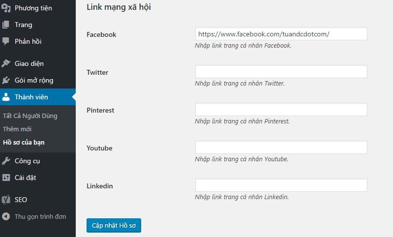 Thêm các trường thông tin cho thành viên trong WordPress