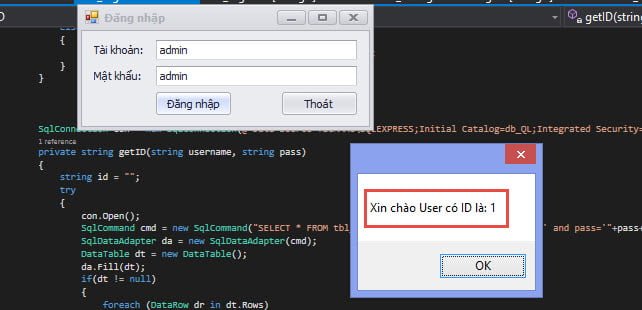 Kết quả sau khi đăng nhập có ID là 1