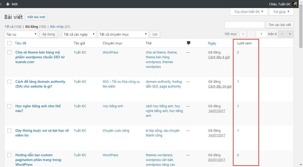 Kết quả khi thêm cột lượt xem