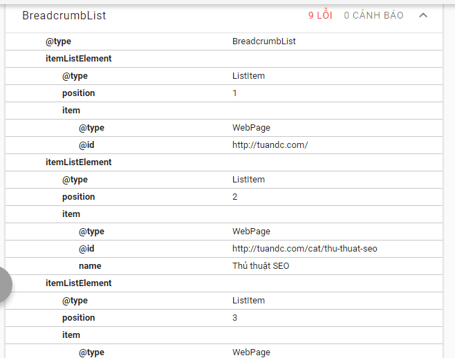 Google nhận dạng ra cấu trúc của Breadcrumb