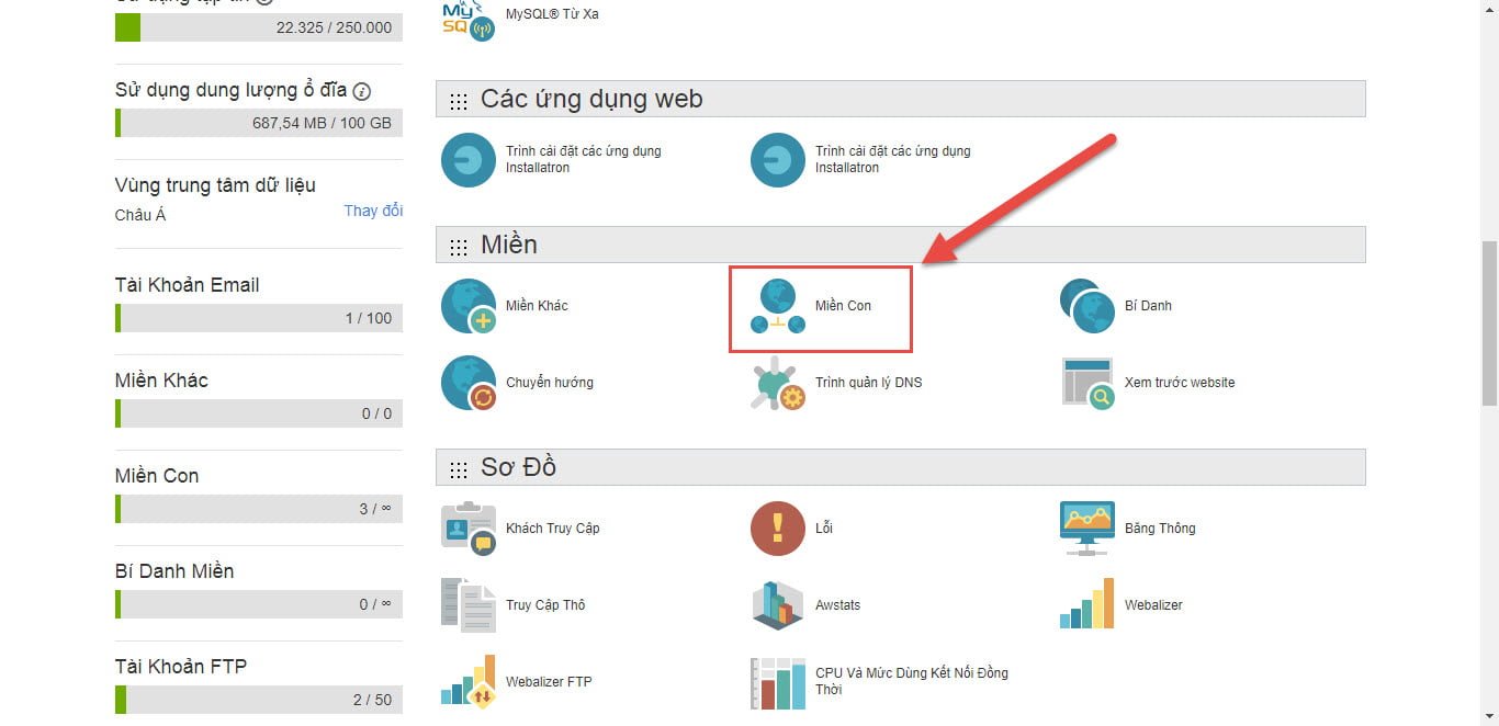 Truy cập vào cpanel hosting của bạn, chọn mục miền con (subdomain)