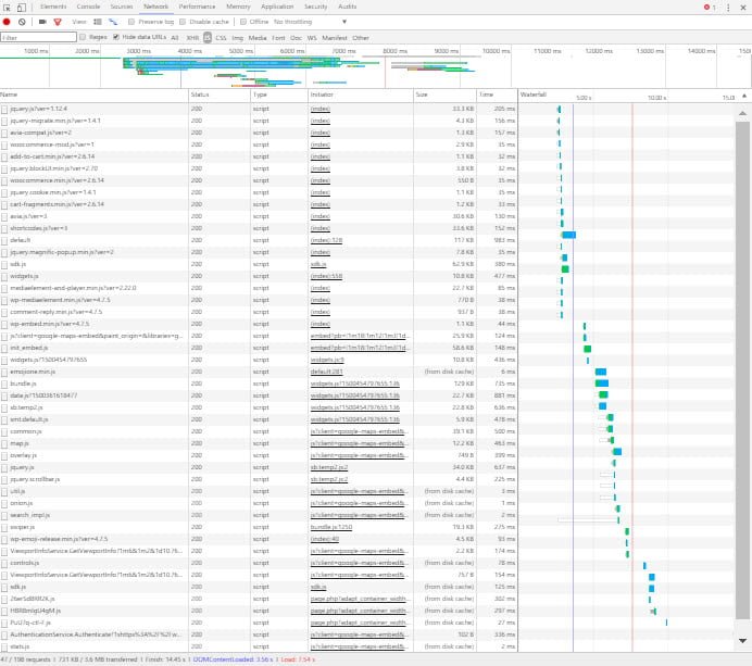 Để chụp hết số JavaScript của website sử dụng plugin mình đã phải thu nhỏ xuống mức không thể nhìn rõ như thế này nữa