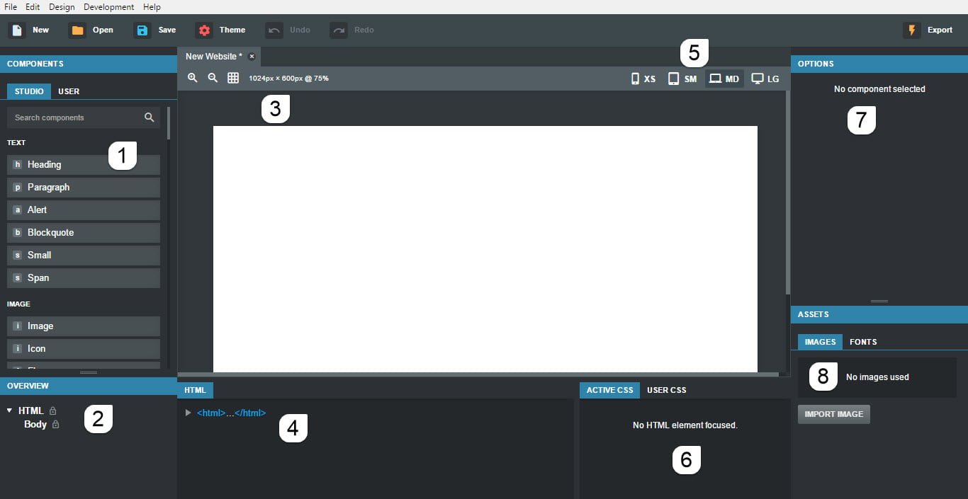 Giao diện chính Bootstrap Studio
