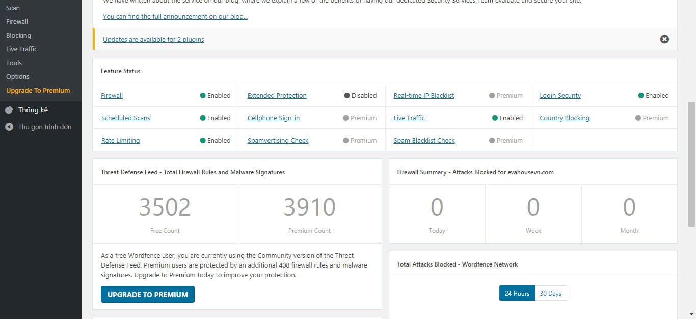 1 phần giao diện của Plugin Wordfence Security