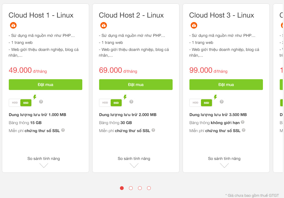 Bảng giá của Cloud Host trên Mắt Bão