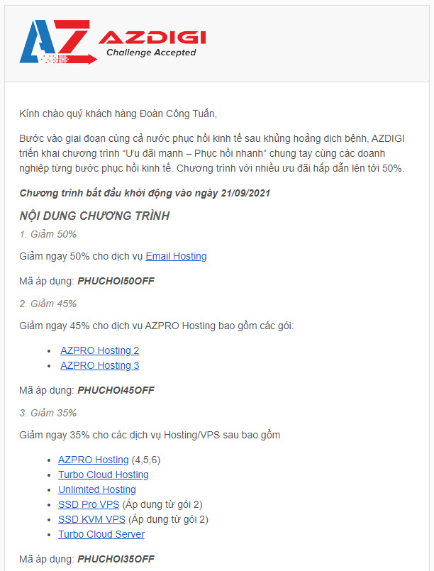 Một Email Azdigi ưu đãi được gửi đến mình vào giai đoạn phục hồi kinh tế