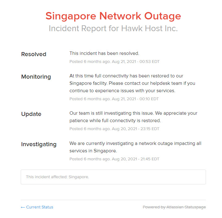 Sự cố sập mạng tại HawkHost ở Singapore kéo dài gần 5 giờ.