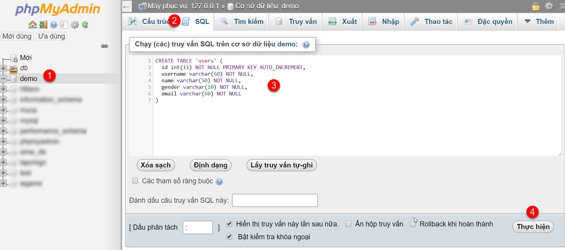 Thực hiện theo các bước để tạo bảng user cho cơ sở dữ liệu