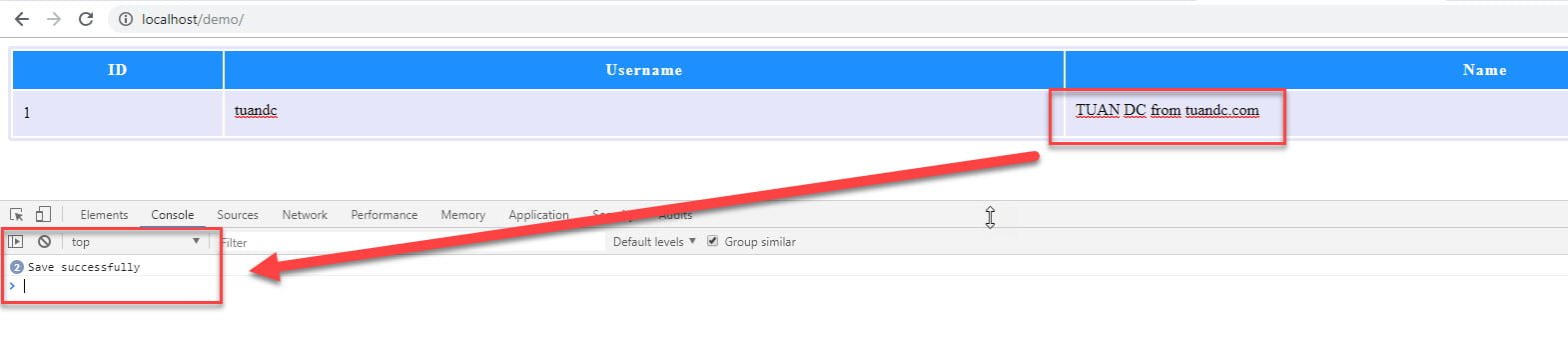 Dẽ liệu đã được cập nhật thành thông sau khi sửa trực tiếp
