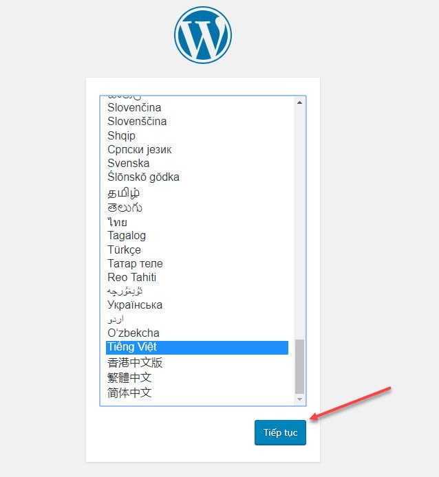 Chọn ngôn ngữ và nhấn tiếp tục