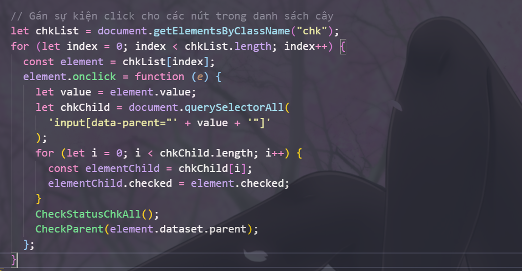 Gán sự kiện cho các nút con